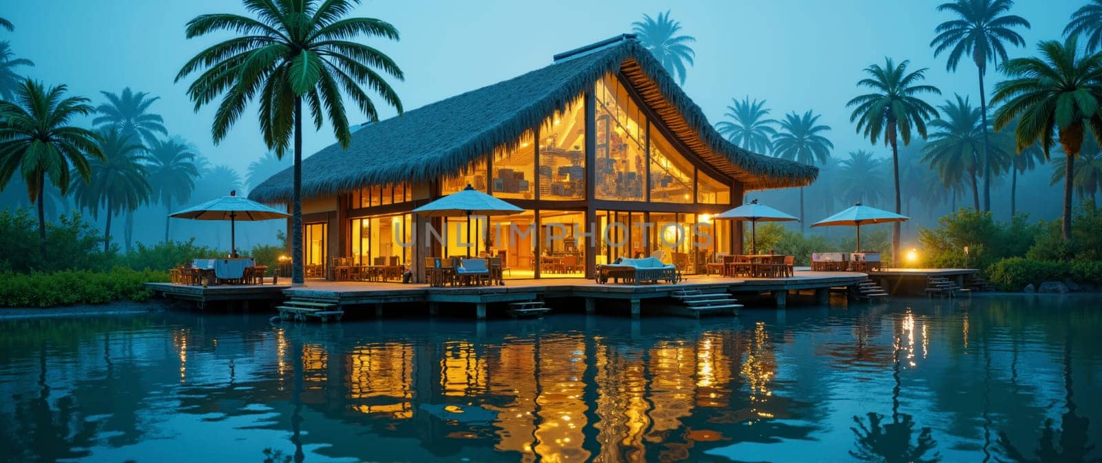 A large house with a pool and a beach setting. The house is lit up at night, creating a warm and inviting atmosphere. The pool is surrounded by umbrellas, providing shade