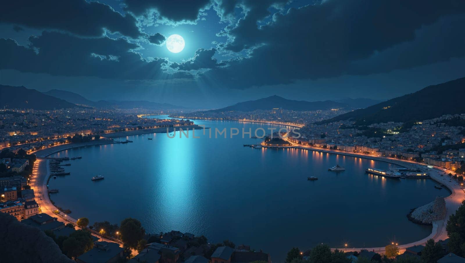 A beautiful night sky with a full moon and a calm lake. The city lights reflect on the water, creating a serene and peaceful atmosphere