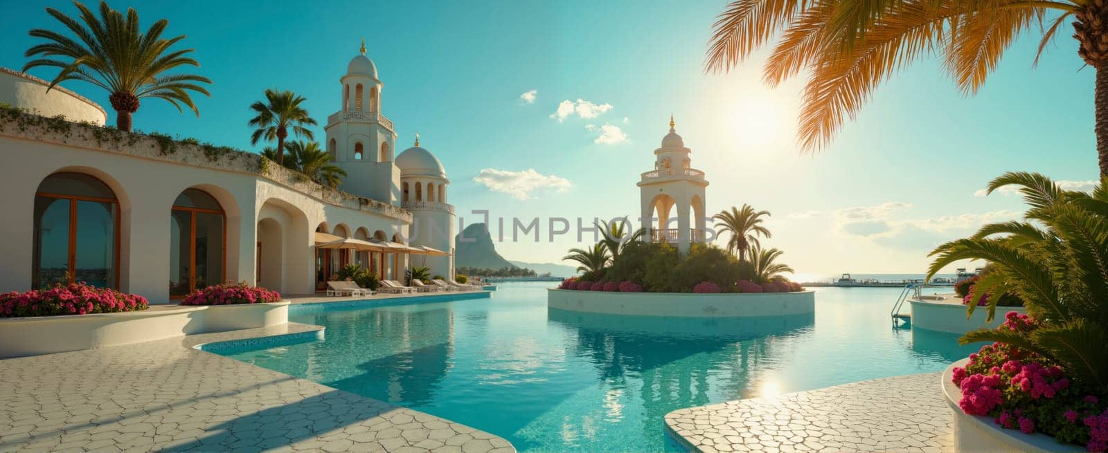 A beautiful pool with a white building in the background. The pool is surrounded by palm trees and flowers