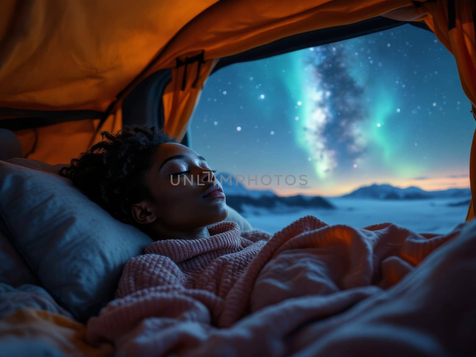 Tourist sleeping in a camper van while enjoying the view of the milky way and aurora borealis in a beautiful winter landscape. Ai generated