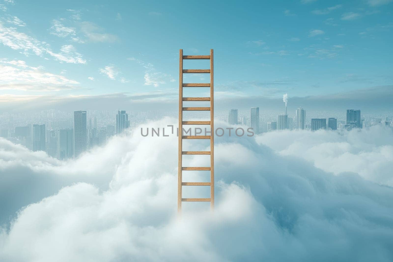 A wooden ladder extends into a bright sky, hovering above soft clouds and a futuristic cityscape, symbolizing aspiration and new opportunities.
