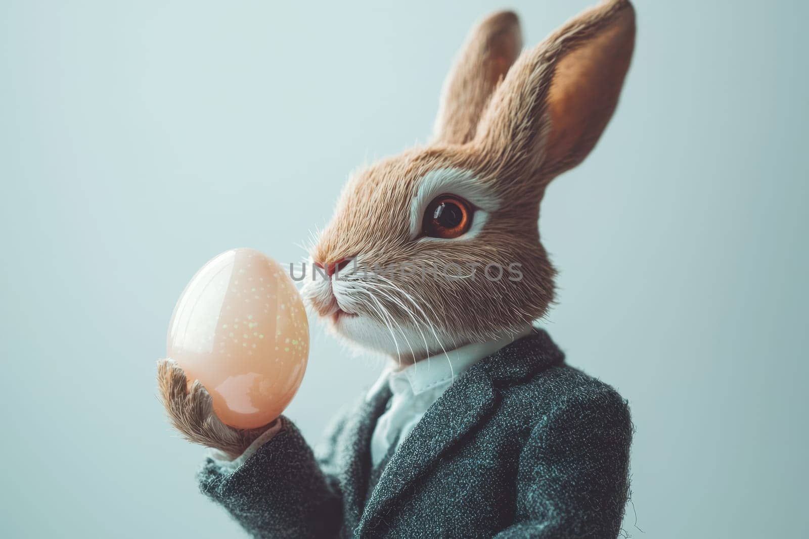 A whimsically dressed bunny in a suit holds a pastel Easter egg against a soft focus background, capturing the spirit of spring celebrations and joy.