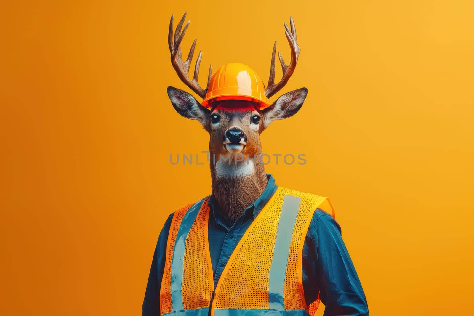 A humorous and imaginative portrayal of a deer wearing a safety helmet and vest, set against a bright yellow backdrop, blending nature with a playful theme.