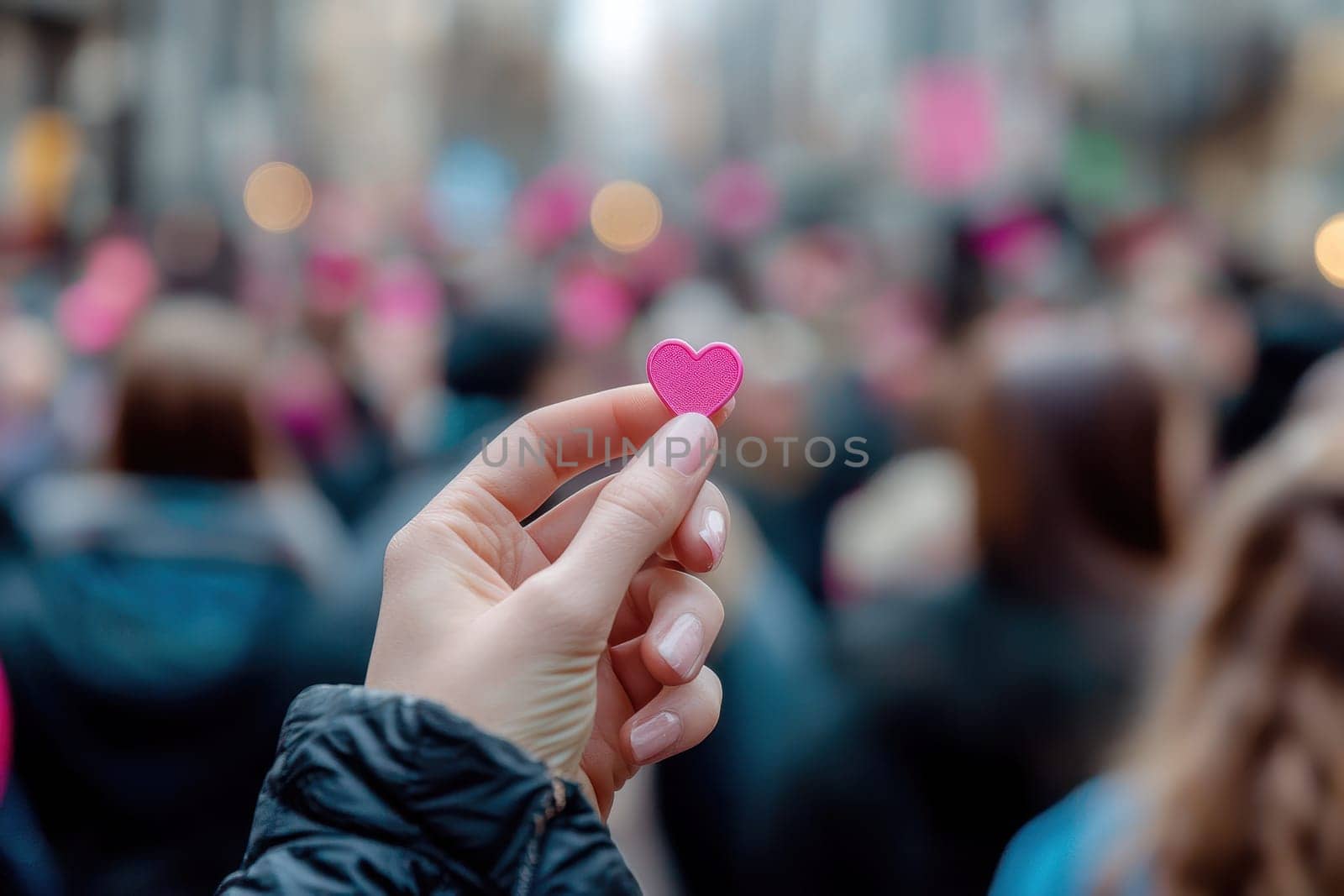 A vibrant hand holds a small pink heart against a blurred crowd of people, symbolizing love and unity during an outdoor event in the city.