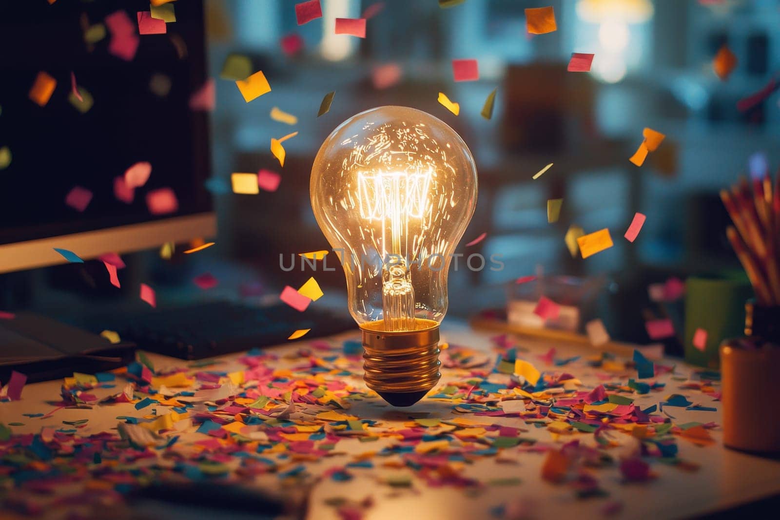 A warm light bulb radiates in a creative workspace surrounded by colorful confetti, symbolizing joy and inspiration. Perfect for themes of creativity and celebration.