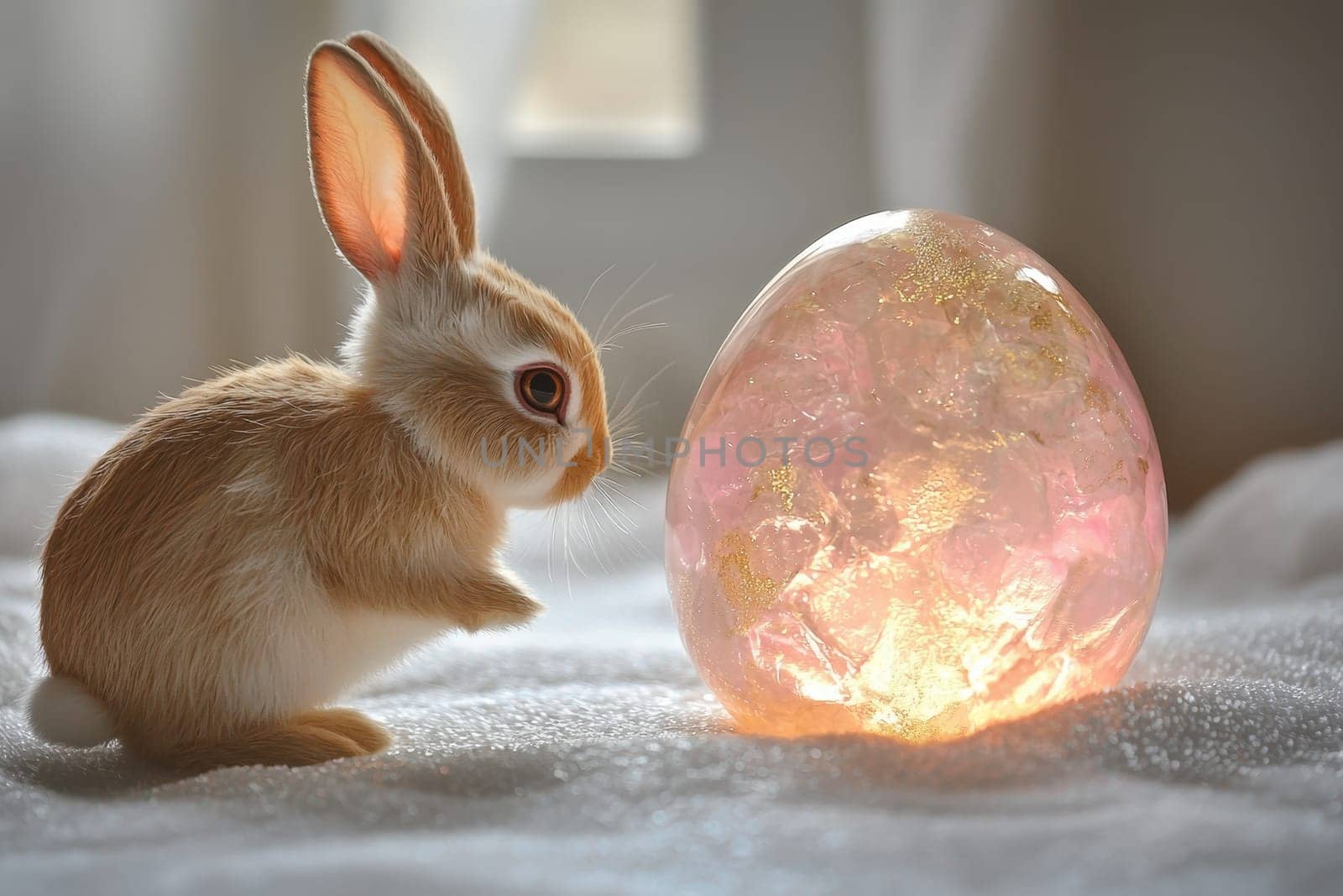 A charming young bunny rabbit gazes curiously at a shiny pink decorative egg, creating a whimsical spring atmosphere with soft lighting and delightful textures.