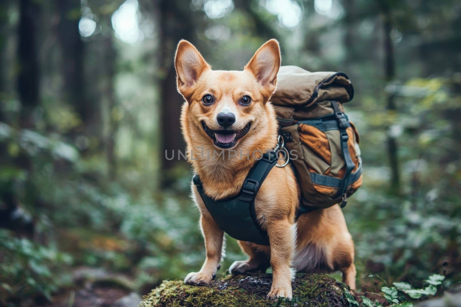 A cheerful corgi dog wearing a backpack stands on a mossy rock amidst lush greenery, showcasing a perfect day for adventure in the forest.