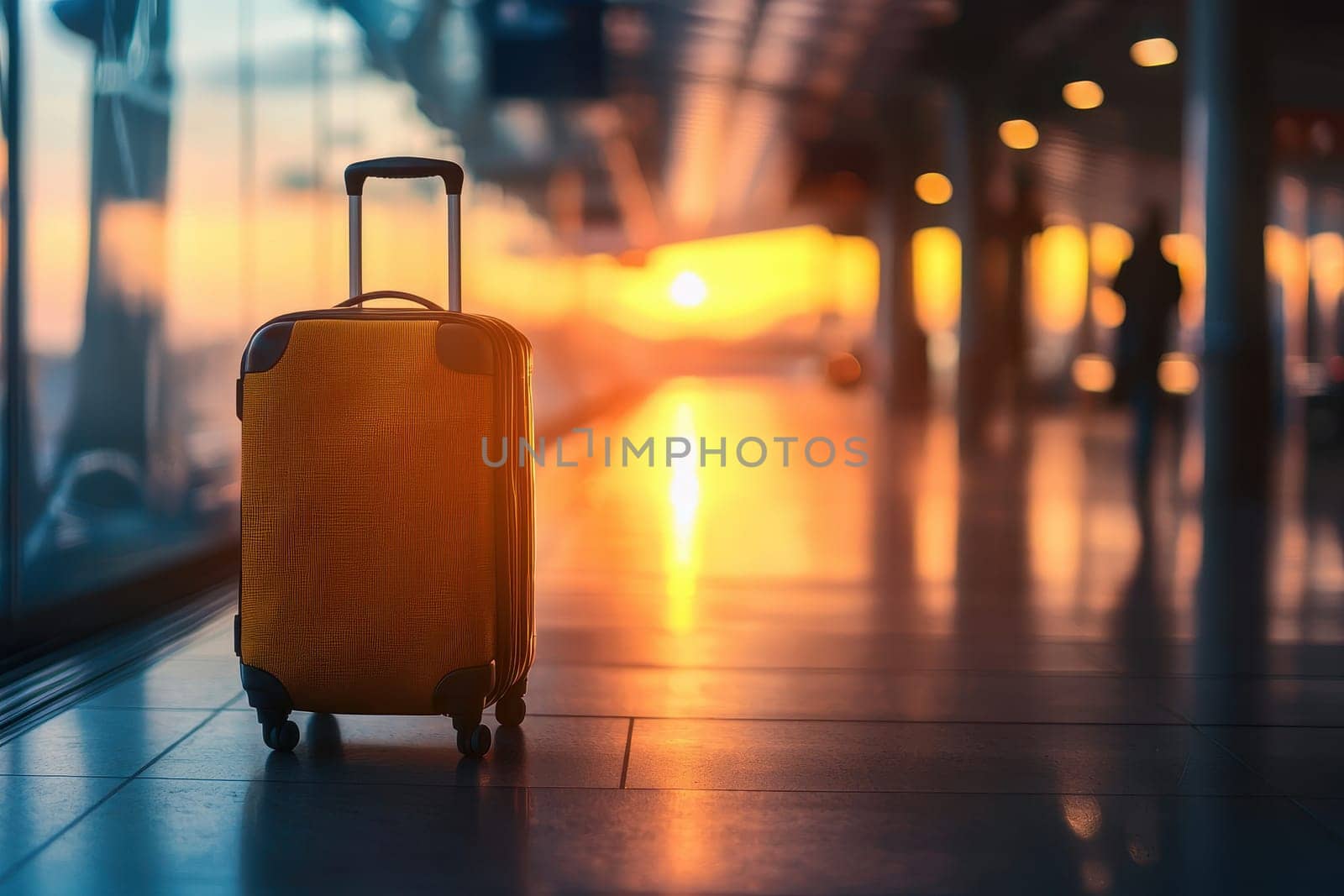 A vibrant yellow suitcase sits on the polished airport floor, reflecting a stunning sunset through large windows. Perfect for travel themes.