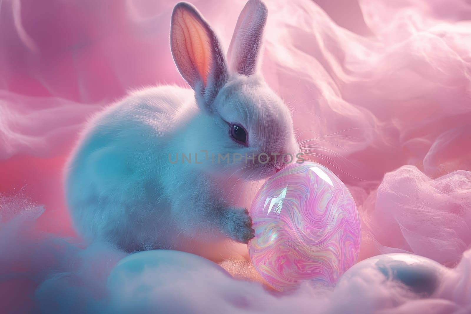This enchanting image features a fluffy white rabbit delicately interacting with a colorful marble egg, set against a dreamy pastel background. Perfect for spring themes.
