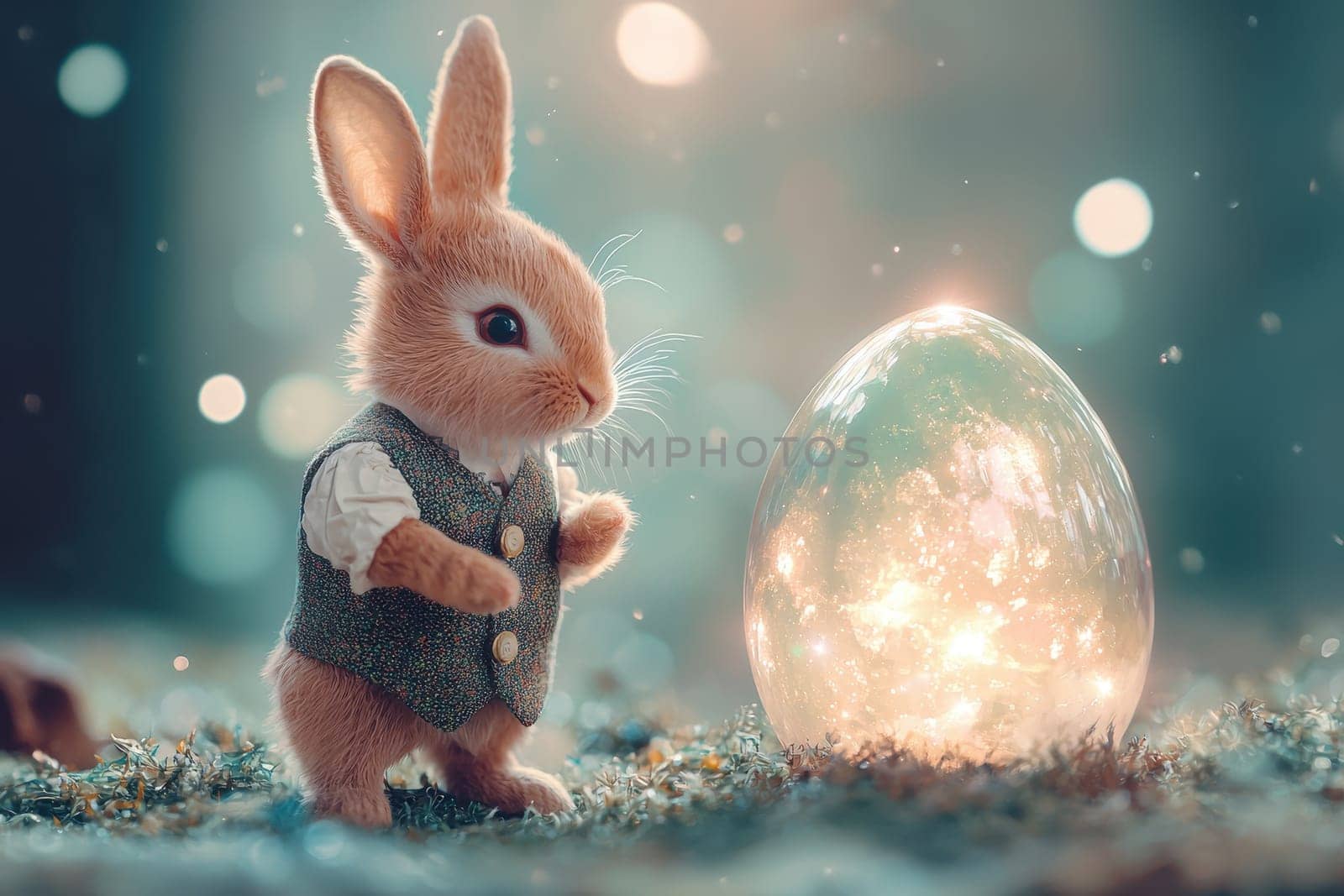 Adorable bunny in a cute vest stands next to a glowing egg, creating a magical and whimsical scene. Perfect for spring and holiday themes.