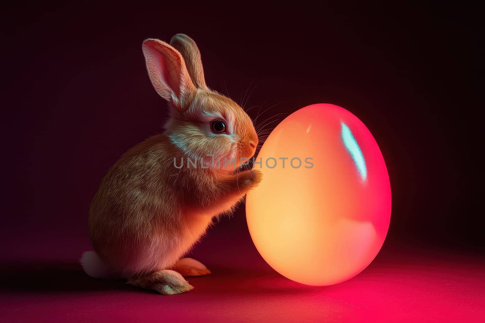 A charming rabbit interacts with a colorful, glowing egg in a serene setting, showcasing innocence and whimsy perfect for holiday-themed designs.
