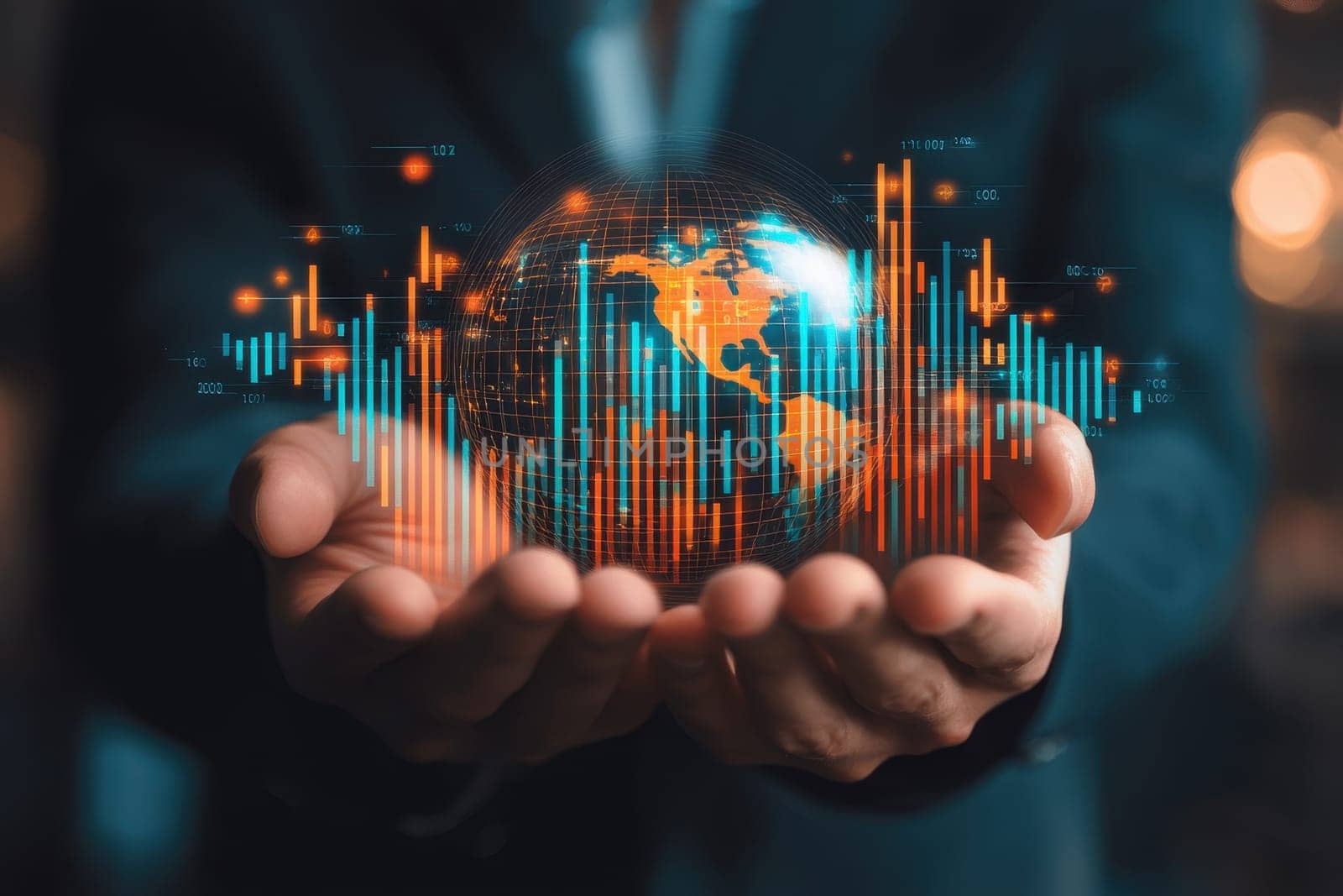 A close-up view of hands holding a digital globe representing data analysis, stock market graphs, and financial metrics, showcasing the intersection of technology and investment.