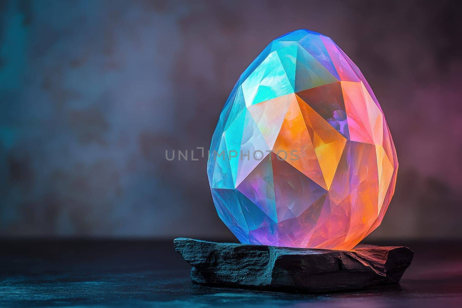 A stunning geometric crystal egg displaying an array of vibrant colors, beautifully illuminated against a dark background. Ideal for artistic and modern decor.