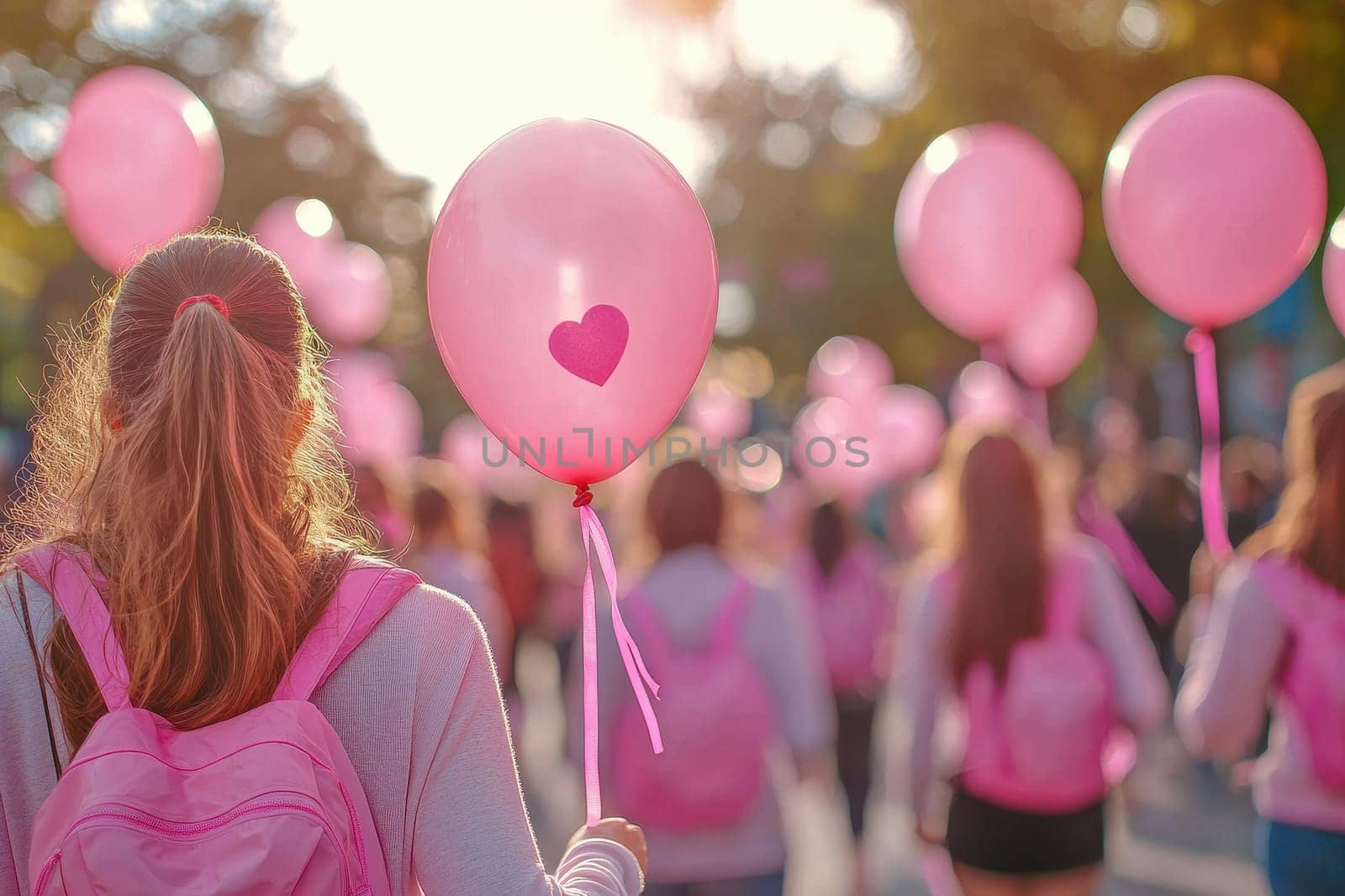 A vibrant scene of a group of individuals walking in a sunlit park, holding pink balloons with heart designs, creating an atmosphere of joy and celebration.