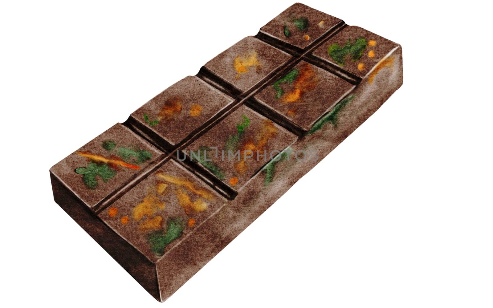 Chocolate Dubai watercolor. Hand drawn dark chocolate bar filled with kataifi and pistachio paste on isolated white background. Clip art of sweet dessert. Ideal for logo and packaging of sweets, coffee shop menu and recipes. High quality illustration