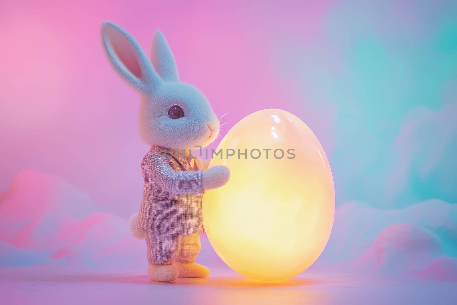 Adorable bunny figure cradles a glowing egg against a colorful pastel backdrop, evoking a whimsical and joyful atmosphere perfect for spring celebrations.