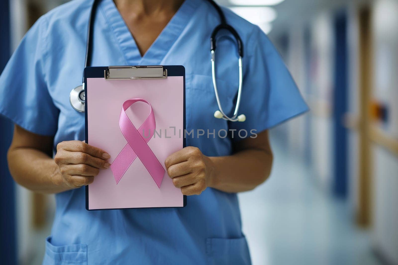 A healthcare professional in scrubs holds a pink ribbon on a clipboard, symbolizing cancer awareness and support in a hospital.