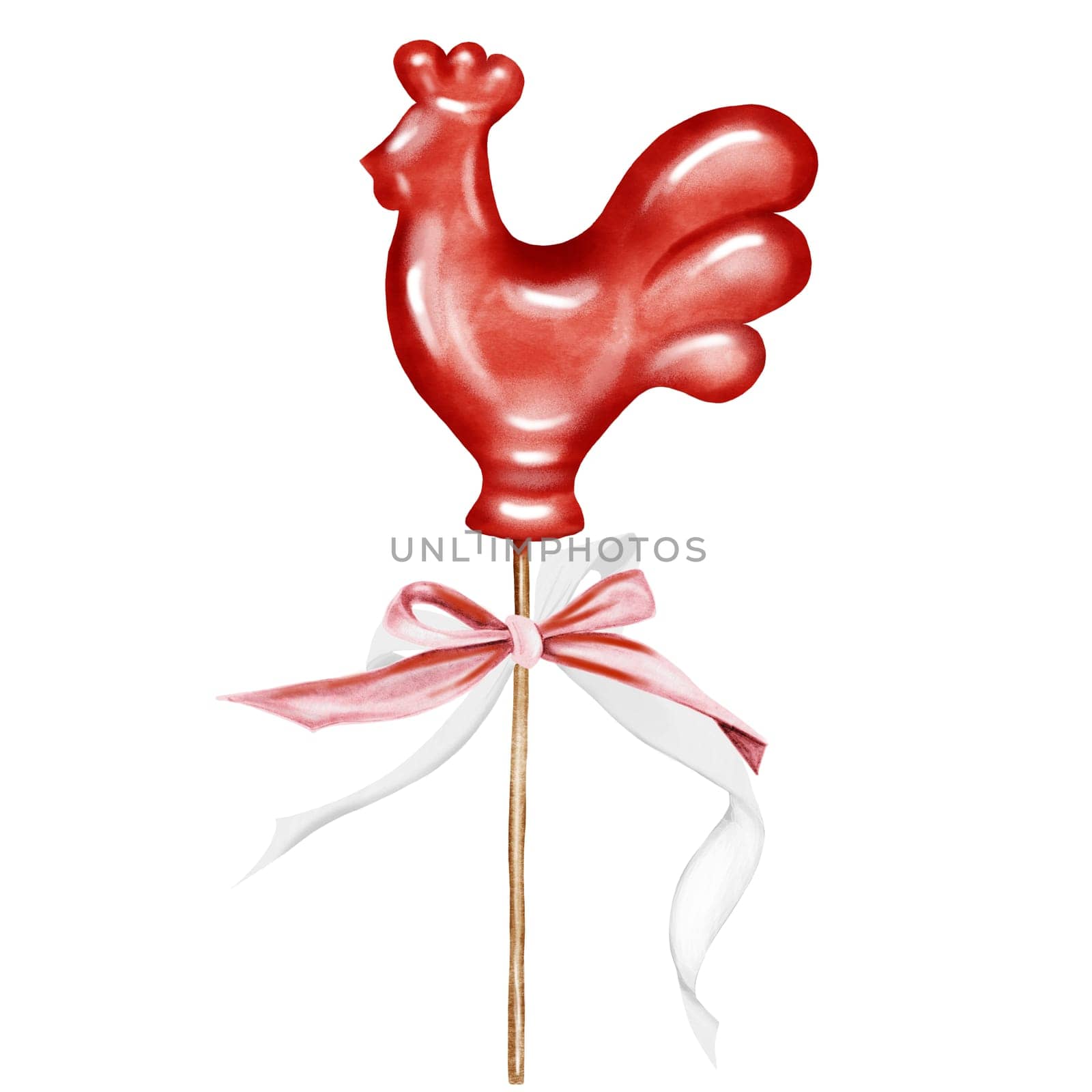 Candy cock lollipop watercolor. Rooster lollipop with a bow.Red caramel sweet on a wooden stick in the shape of a rooster. Vintage hand drawn isolated on white background. Ideal for cards, educational cards, posters and candy store tags. High quality photo