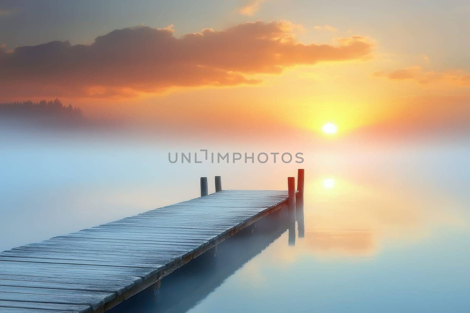 A peaceful sunrise unfolds over a mist-covered lake, showcasing a tranquil wooden dock and soft, colorful reflections in still water.