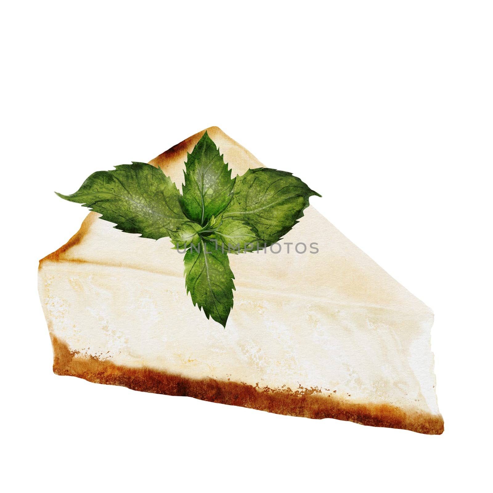Classic cheesecake watercolor. Illustration of New York cheesecake on isolated white background. A piece of cottage cheese pie decorated lemon and mint. Ideal for coffee shop, pastry shop menu and logo. High quality photo