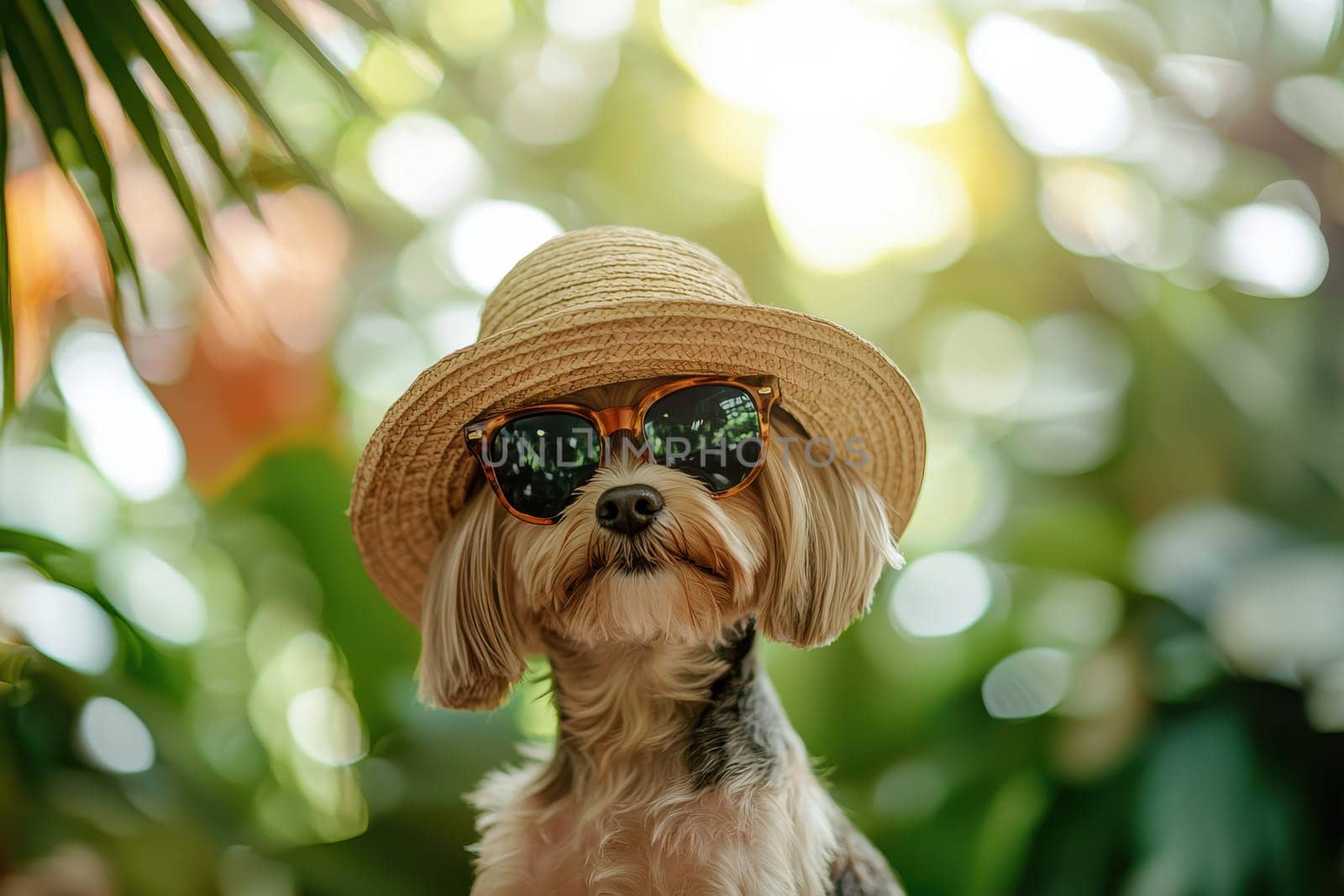 A charming dog dons stylish sunglasses and a straw hat, radiating joy in a vibrant, sunlit environment surrounded by lush greenery.