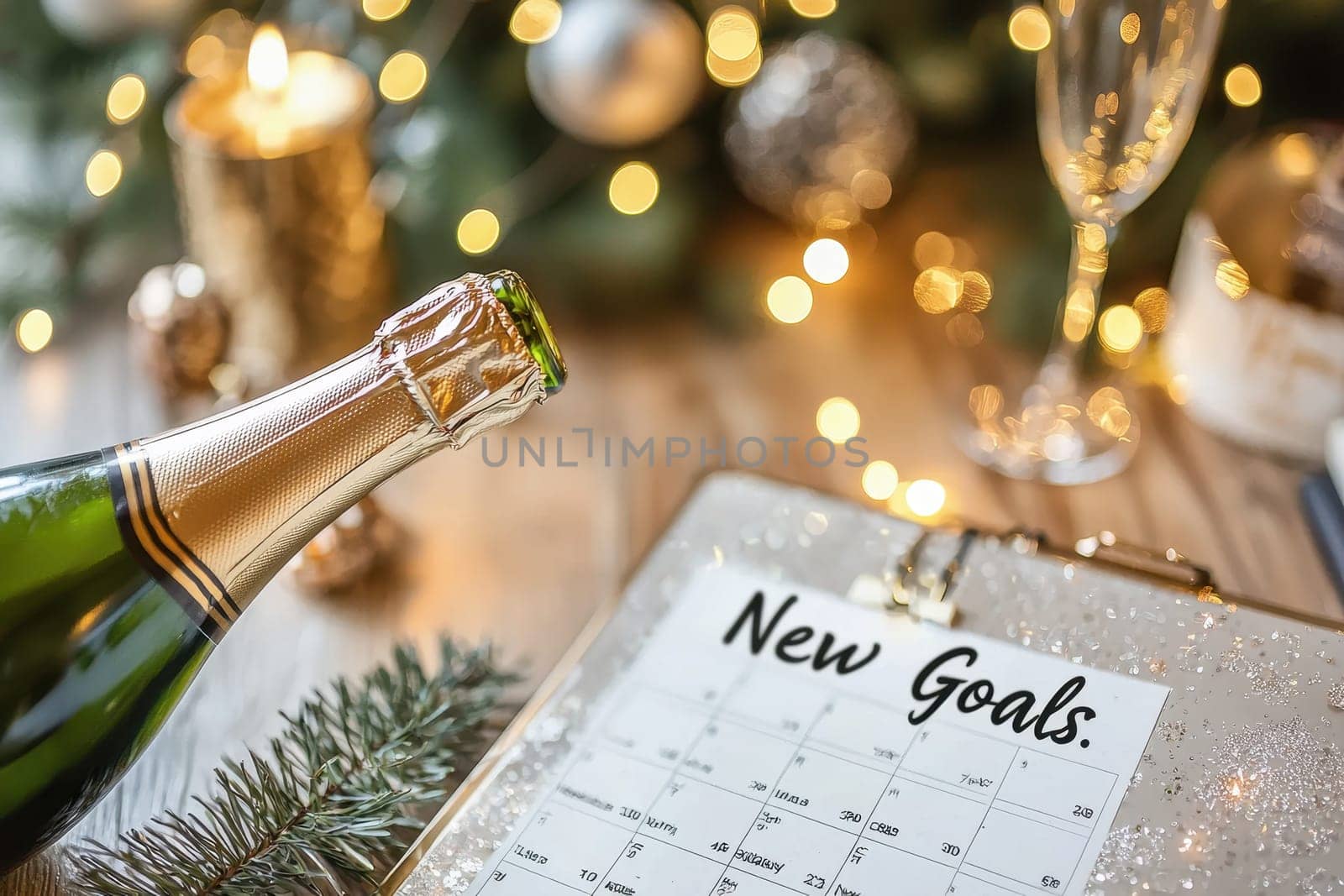 A beautifully arranged table featuring champagne, a calendar labeled New Goals, and sparkling decorations, perfect for celebrating new year aspirations.