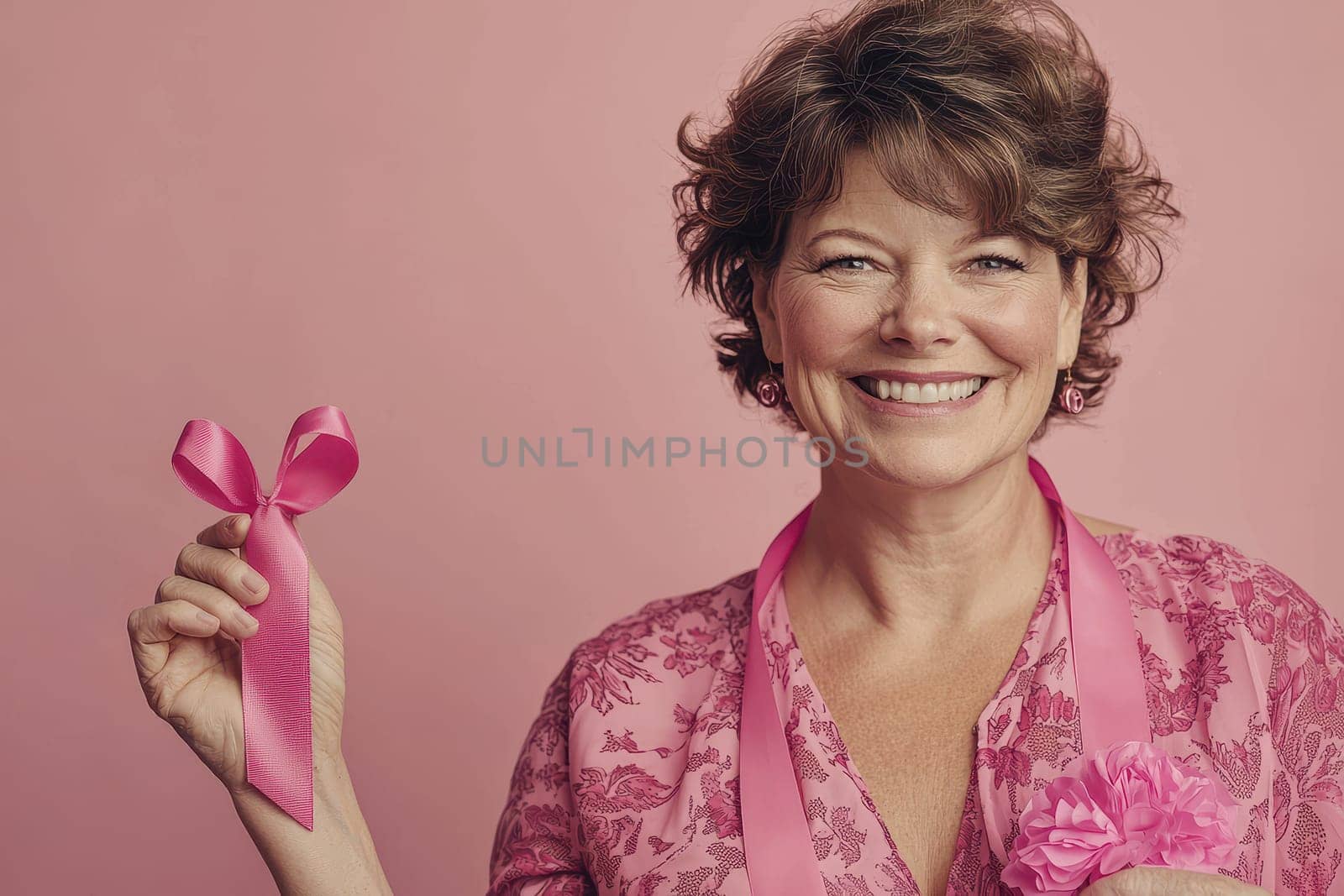 A joyful woman proudly displays a pink ribbon, symbolizing support for an important cause, set against a soft pink background.