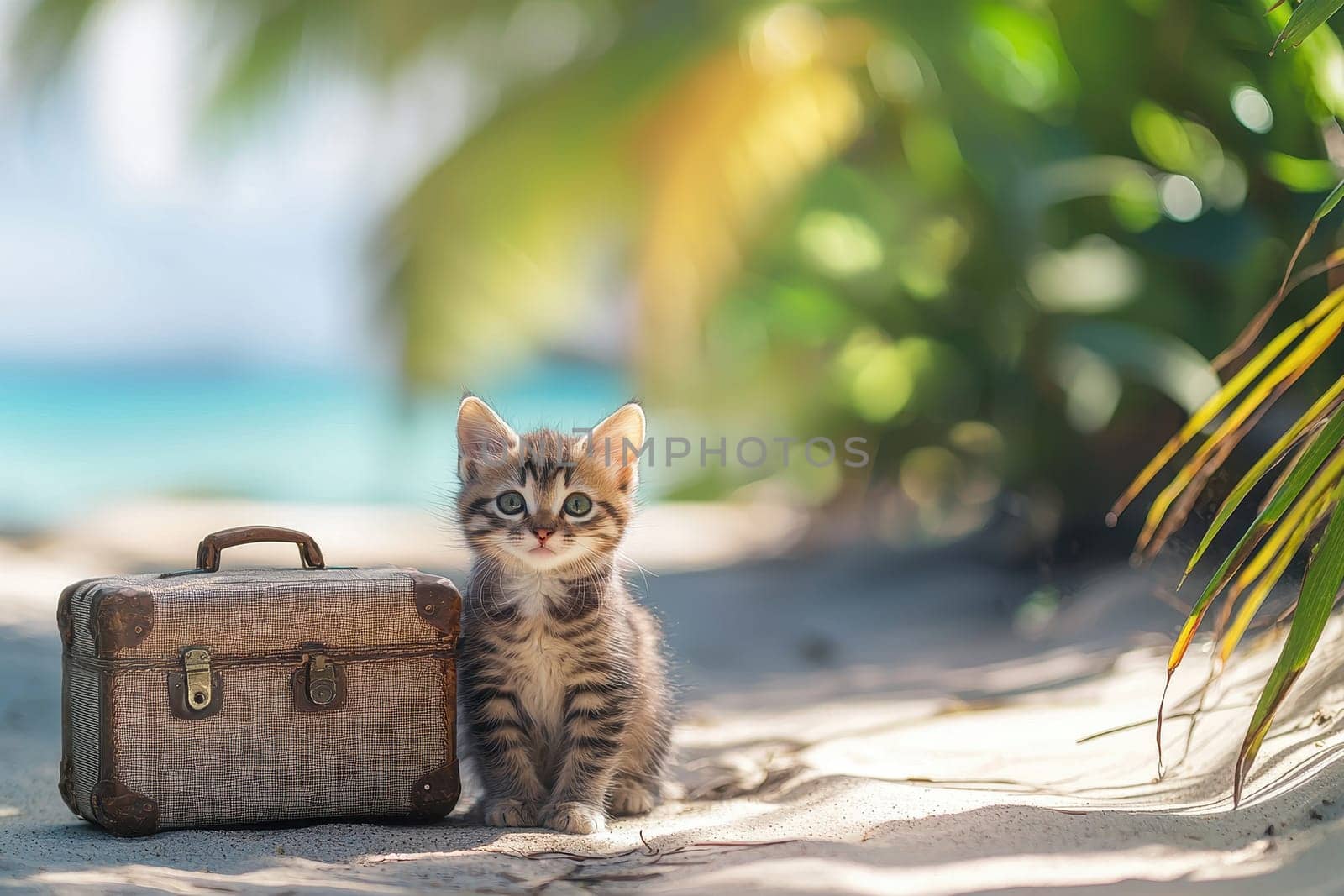 A charming little kitten explores its surroundings beside a vintage suitcase on a tropical beach, exuding a sense of adventure and joy.