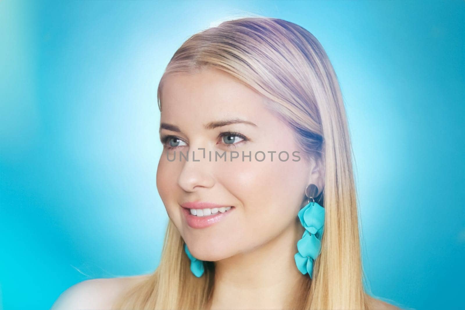 Woman, beauty and elegance, blonde with glamour and blue earrings. Beautiful feminine model, confidence, charm and sophistication, portrait with soft makeup and radiant smile portrait