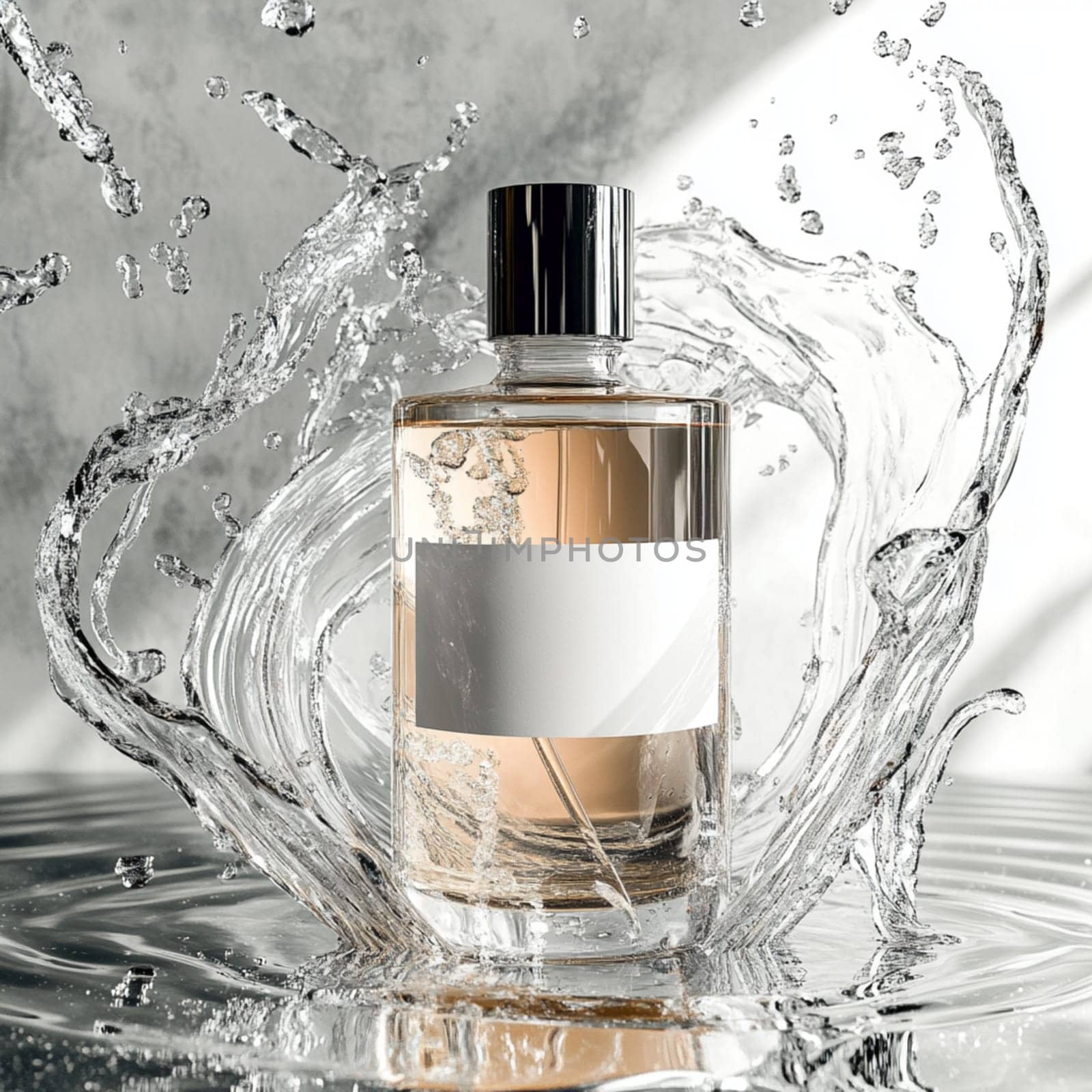 Pink gin bottle is standing in water with red ribbons flying around it and water splashing. The background is light grey