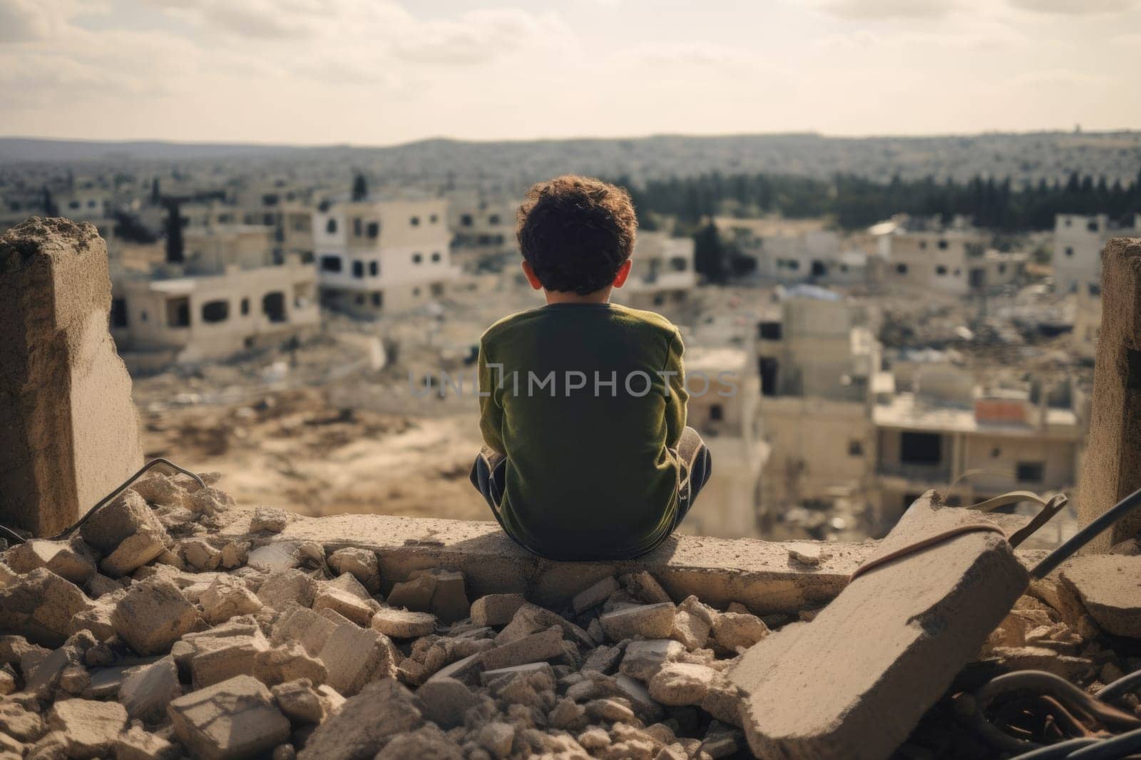 A child sits on the ruins of his house after bombardment