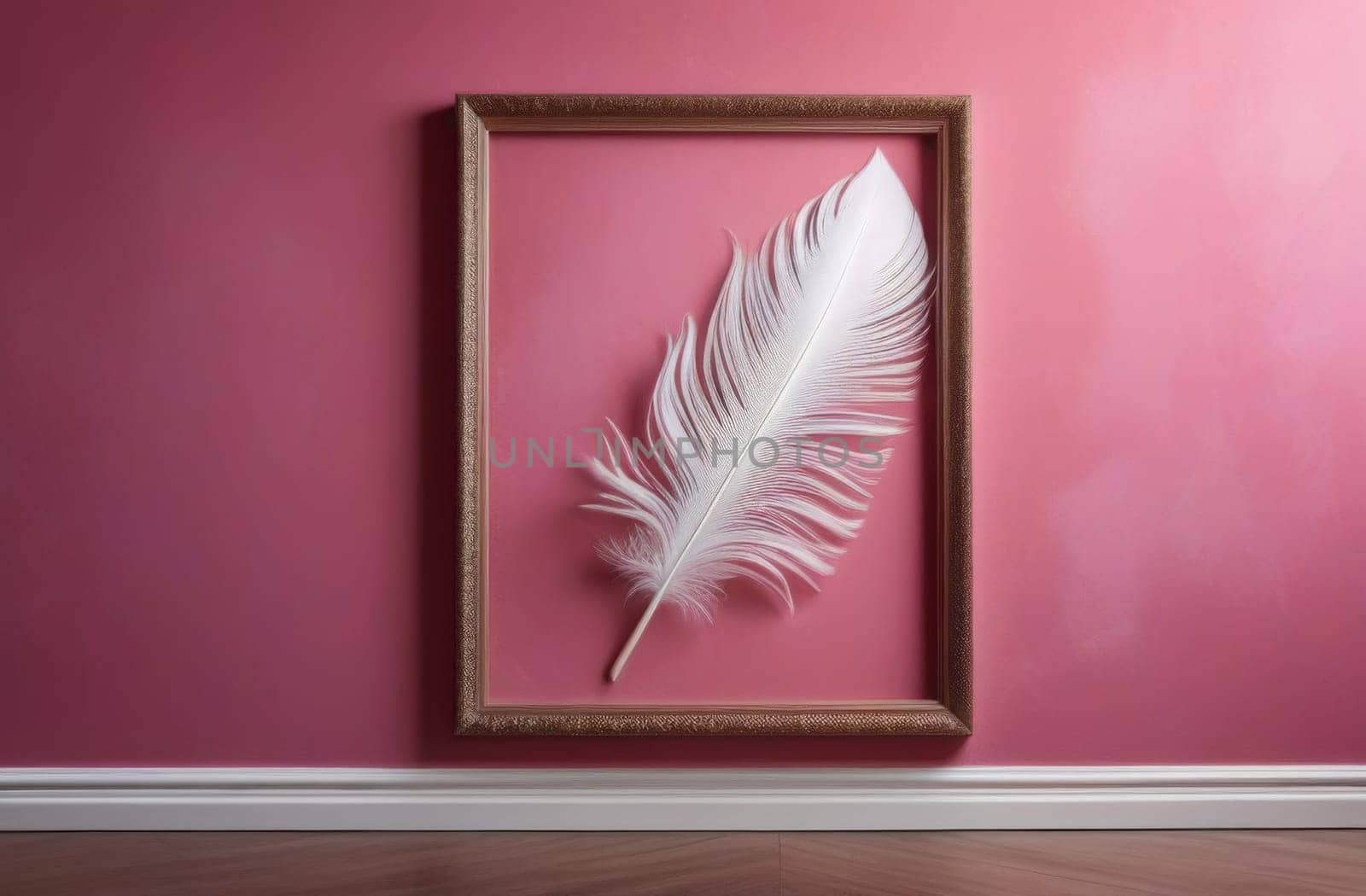 Big peacock feather in a frame on a pink wall