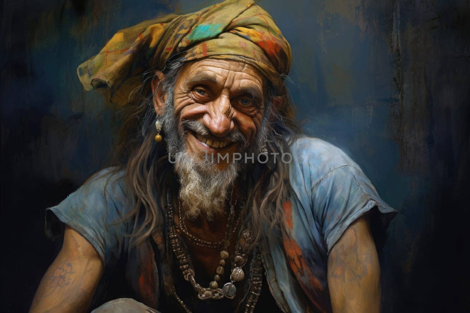 A painting depicting a man with a beard and scarf on his head, showcasing the artists skill in capturing facial hair, moustaches, wrinkles, and mythological themes in visual arts