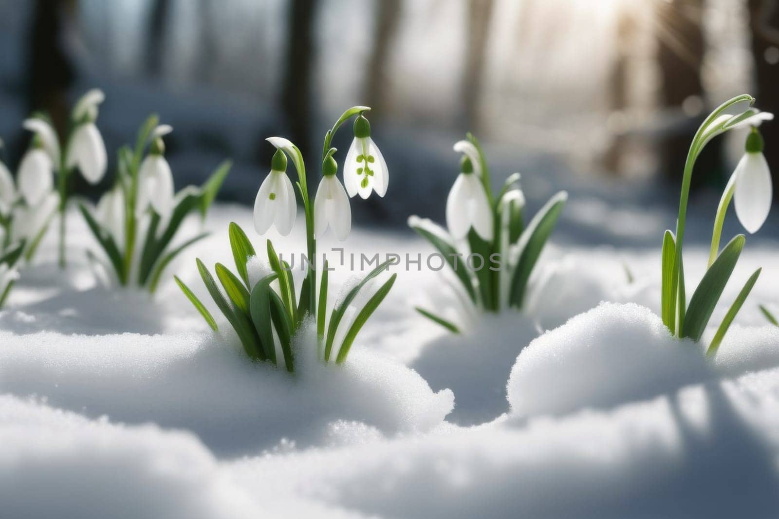 The first snowdrop flowers breaking through the snow in the forest