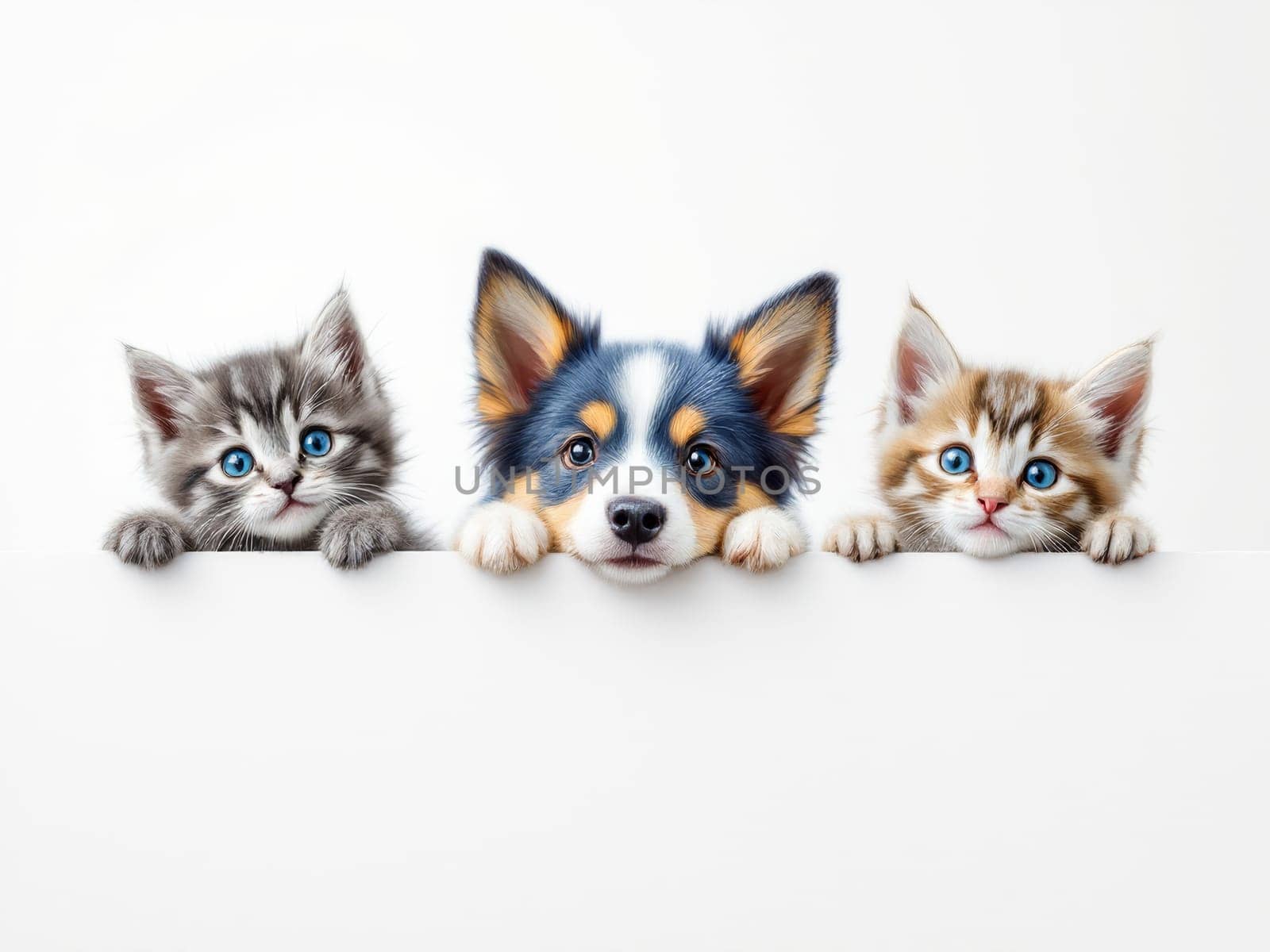Two playful kittens and an adorable puppy peeking over a blank sign against a white background, creating the perfect canvas for custom messaging or design elements