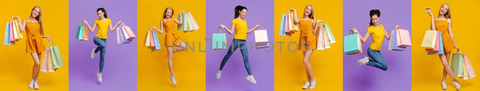 A cheerful group of people enjoying a shopping spree filled with discounts and special offers. Each person holds colorful shopping bags, radiating joy amidst a lively backdrop.