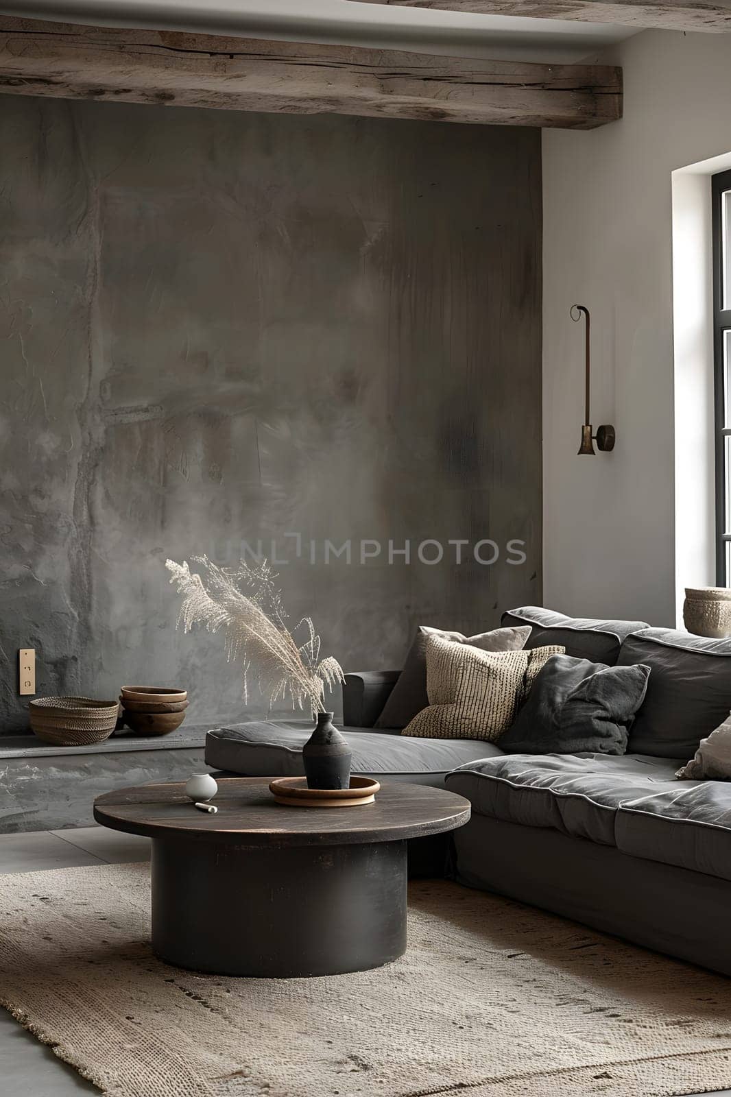 Inside a cozy living room of a wood building, there is a comfortable couch, a coffee table, and a soft rug on the hardwood flooring