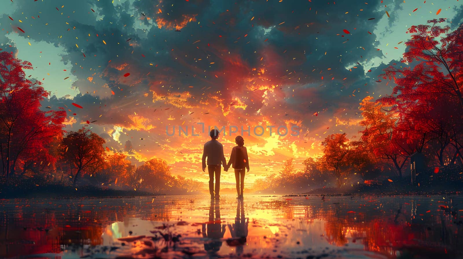 A couple silhouettes holding hands against a vivid, autumnal sunset background.