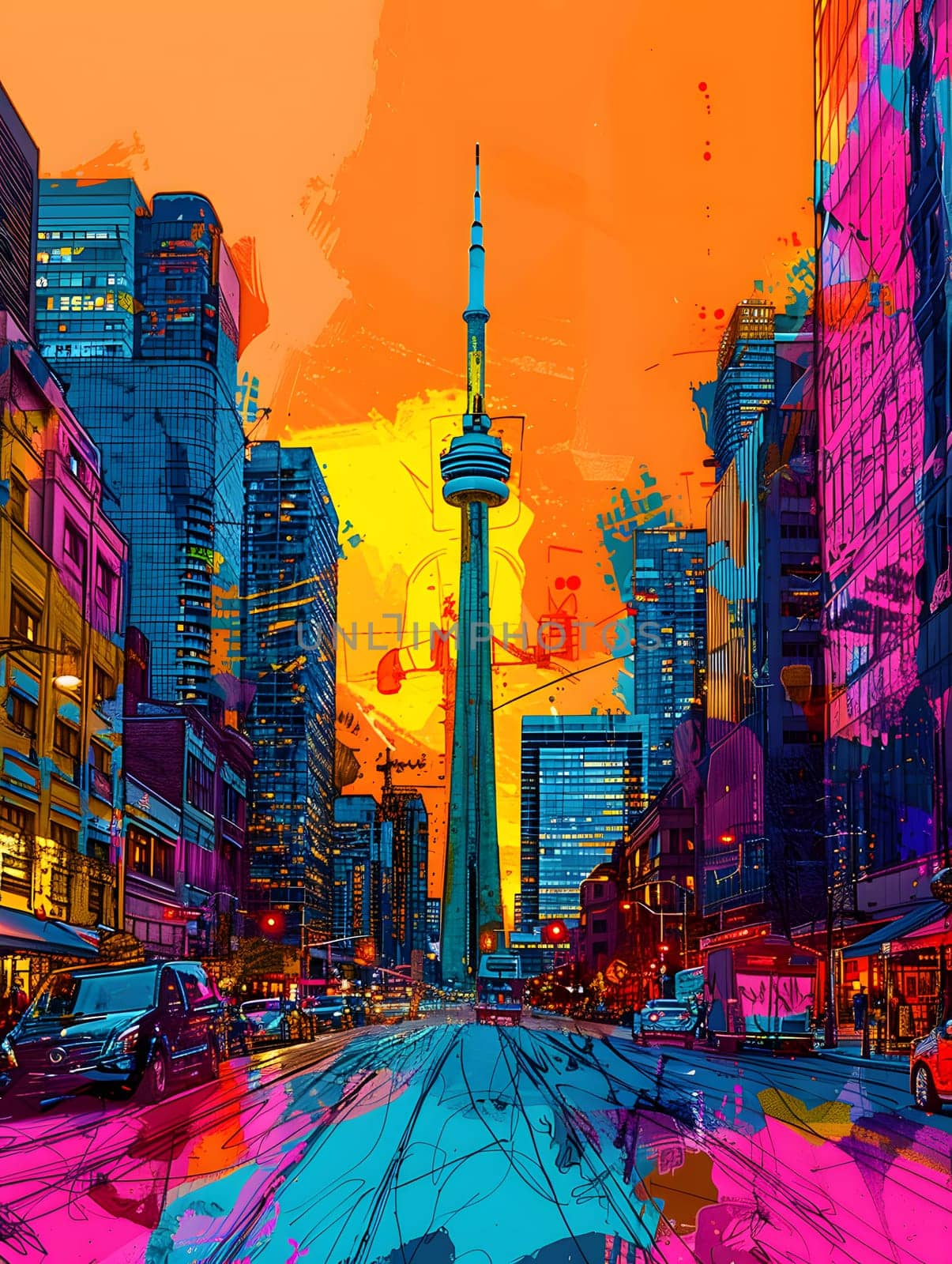 A vibrant painting of a cityscape featuring the CN Tower in the background, with colorful buildings, bright orange lights, and a dramatic sky backdrop
