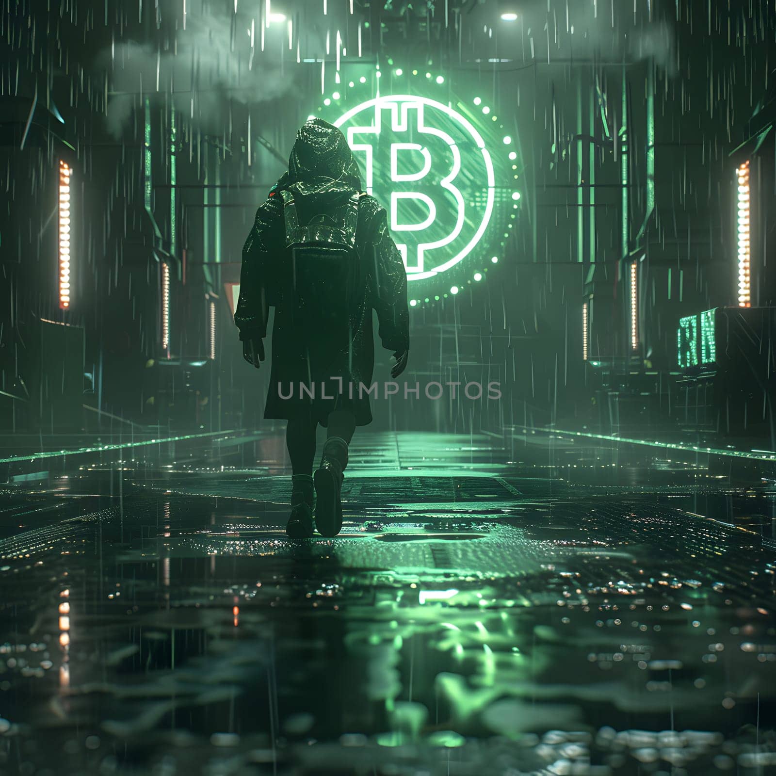 A person strolls through the rainy city streets at midnight in front of a glowing electric blue Bitcoin sign, adding an artful touch to the dark and wet surroundings