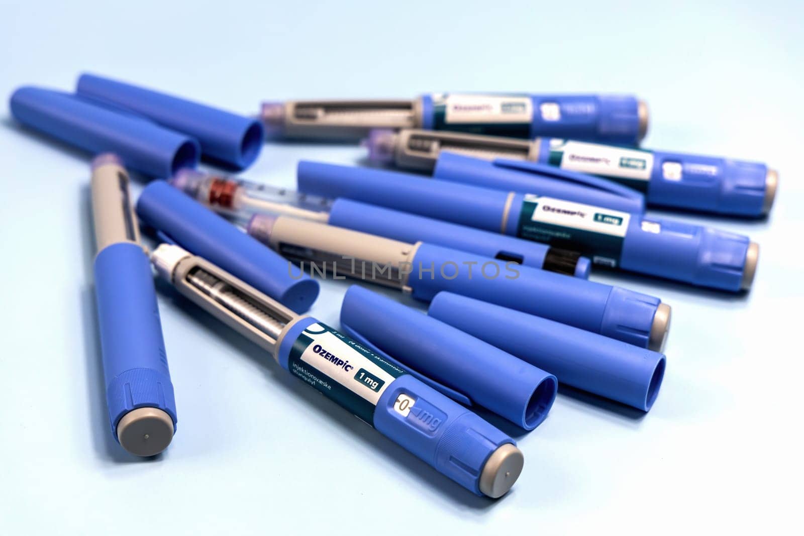 Ozempic Insulin injection pen or insulin cartridge pen for diabetics and weight loss. Medical equipment for diabetes parients. Copenhagen, Denmark - December 18, 2024