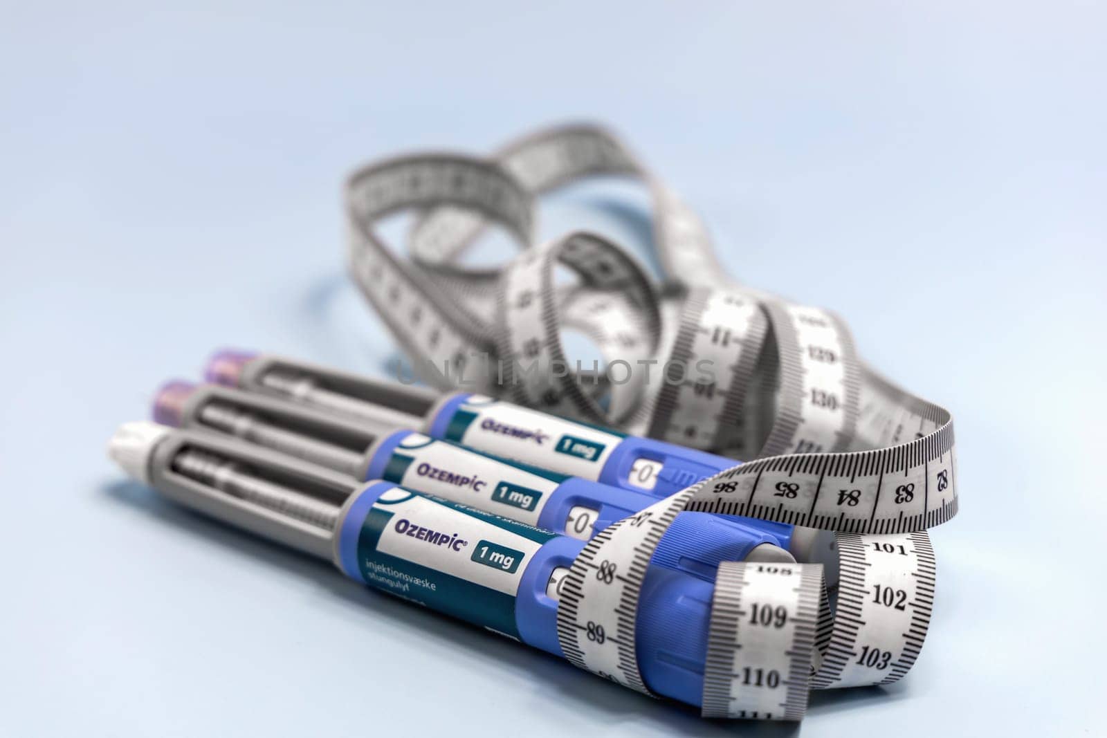 Ozempic Insulin injection pen or insulin cartridge pen for diabetics and weight loss. Medical equipment for diabetes parients. Copenhagen, Denmark - December 18, 2024
