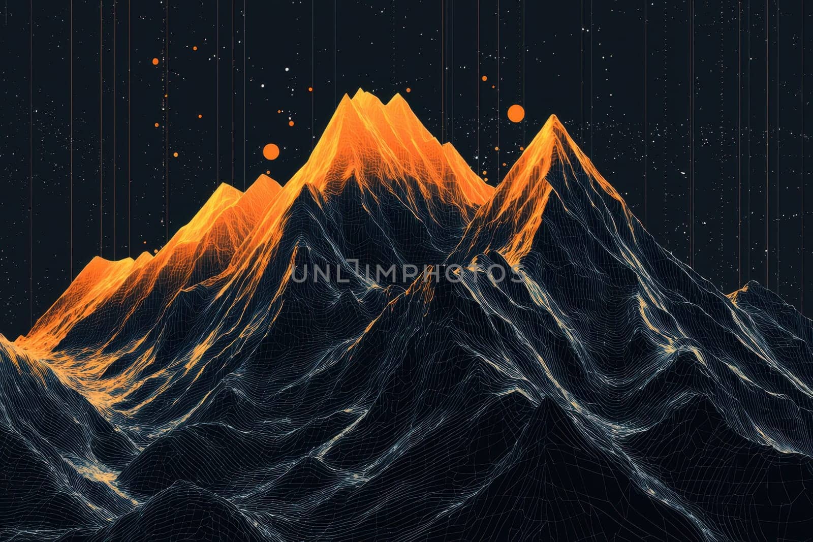 Stunning abstract representation of a mountain landscape featuring vibrant orange peaks against a starry dark background, ideal for creative projects.