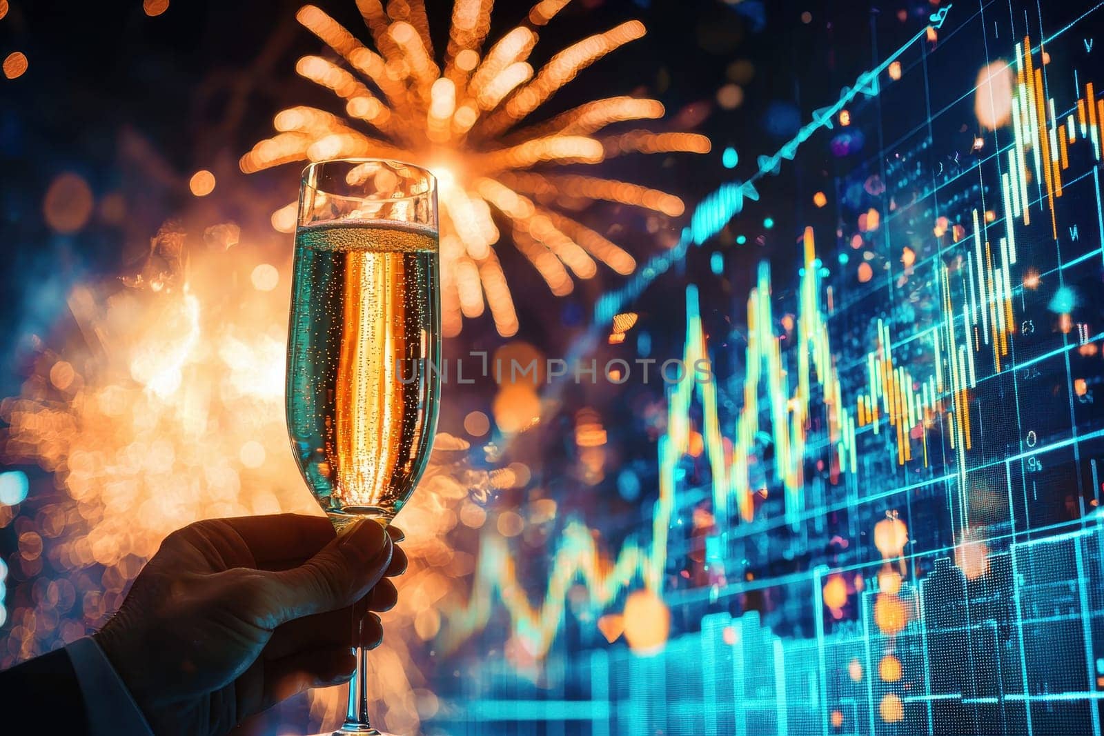 A glamorous champagne glass held in hand against a backdrop of vibrant fireworks and a stock market chart, embodying celebration and prosperity.