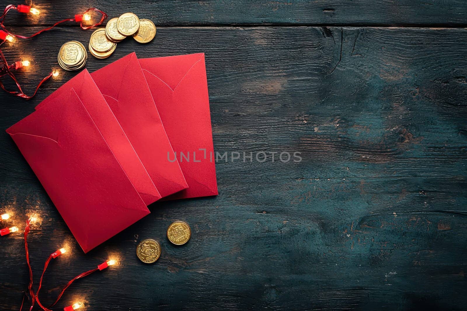 Three red envelopes sit on a dark wooden surface accompanied by golden coins and soft glowing lights, creating a festive ambiance perfect for celebrations.