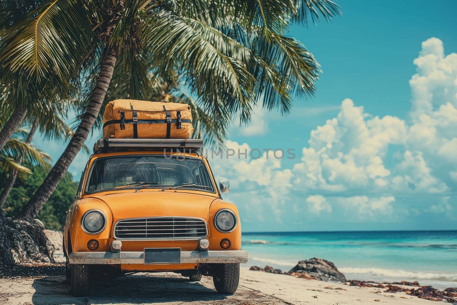 A charming vintage yellow car parked on a serene tropical beach beneath palm trees and a vibrant sky, embodying the spirit of adventure and relaxation.