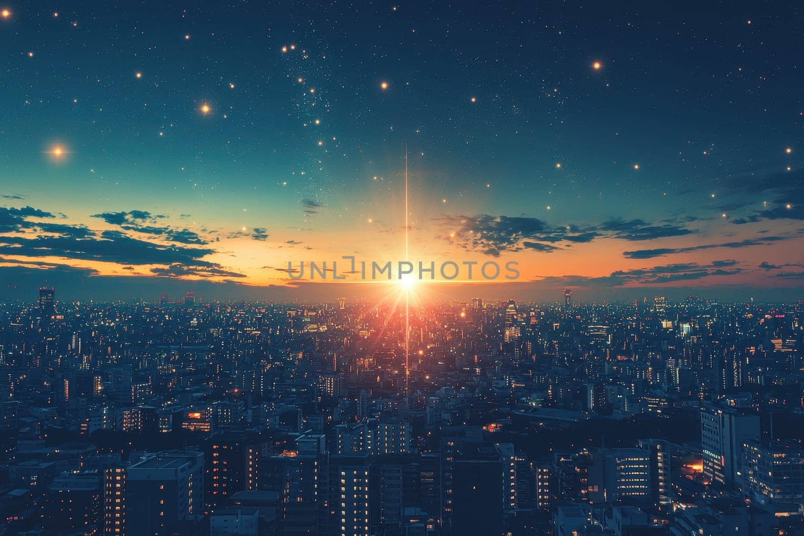 A breathtaking cityscape at sunset featuring a starburst effect and glowing skyline. The vibrant colors illuminate urban buildings, creating a serene atmosphere.