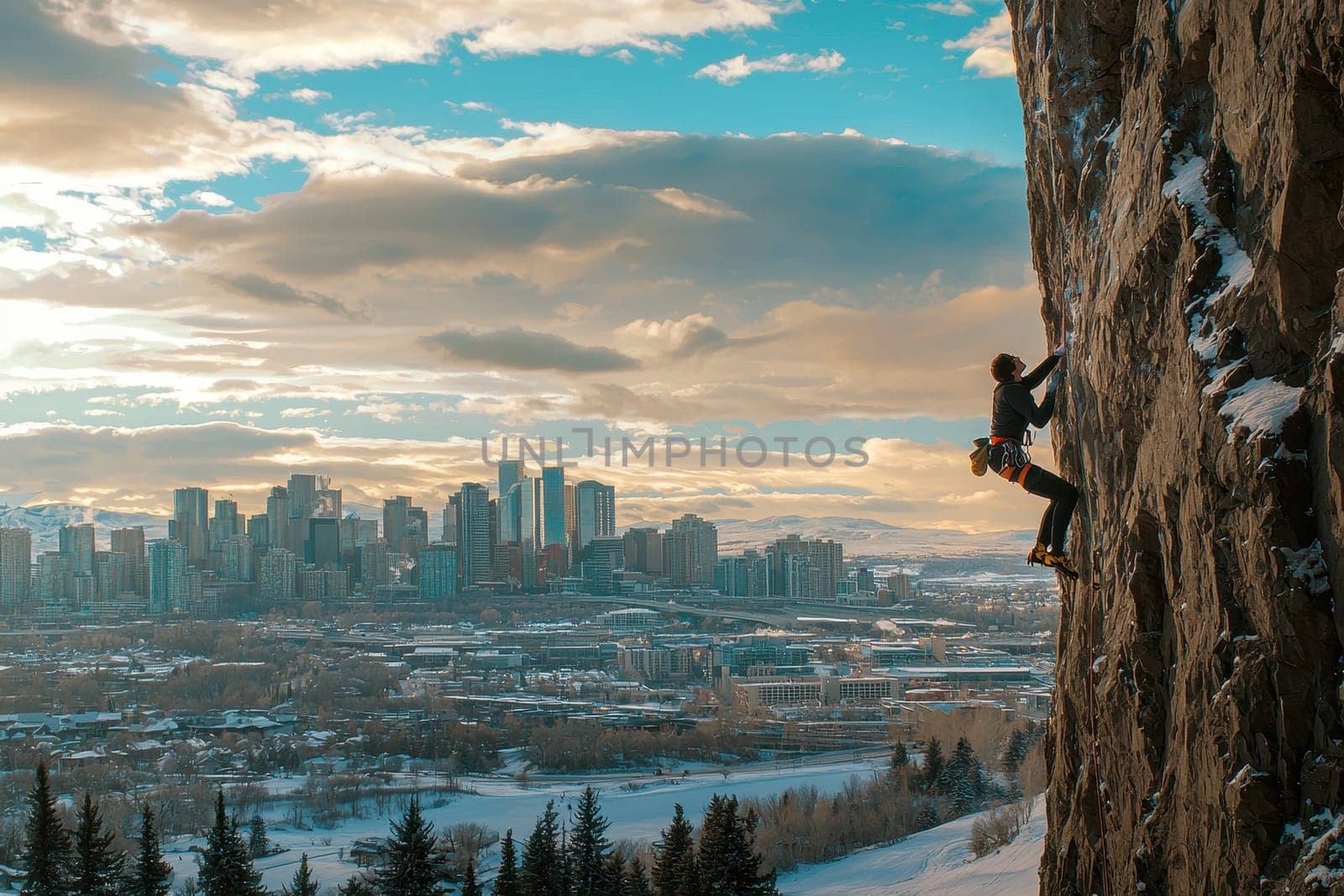 A climber ascends a rocky wall amid a stunning urban skyline at sunset, capturing the thrill of adventure. The contrast of nature and city life creates a breathtaking scene.