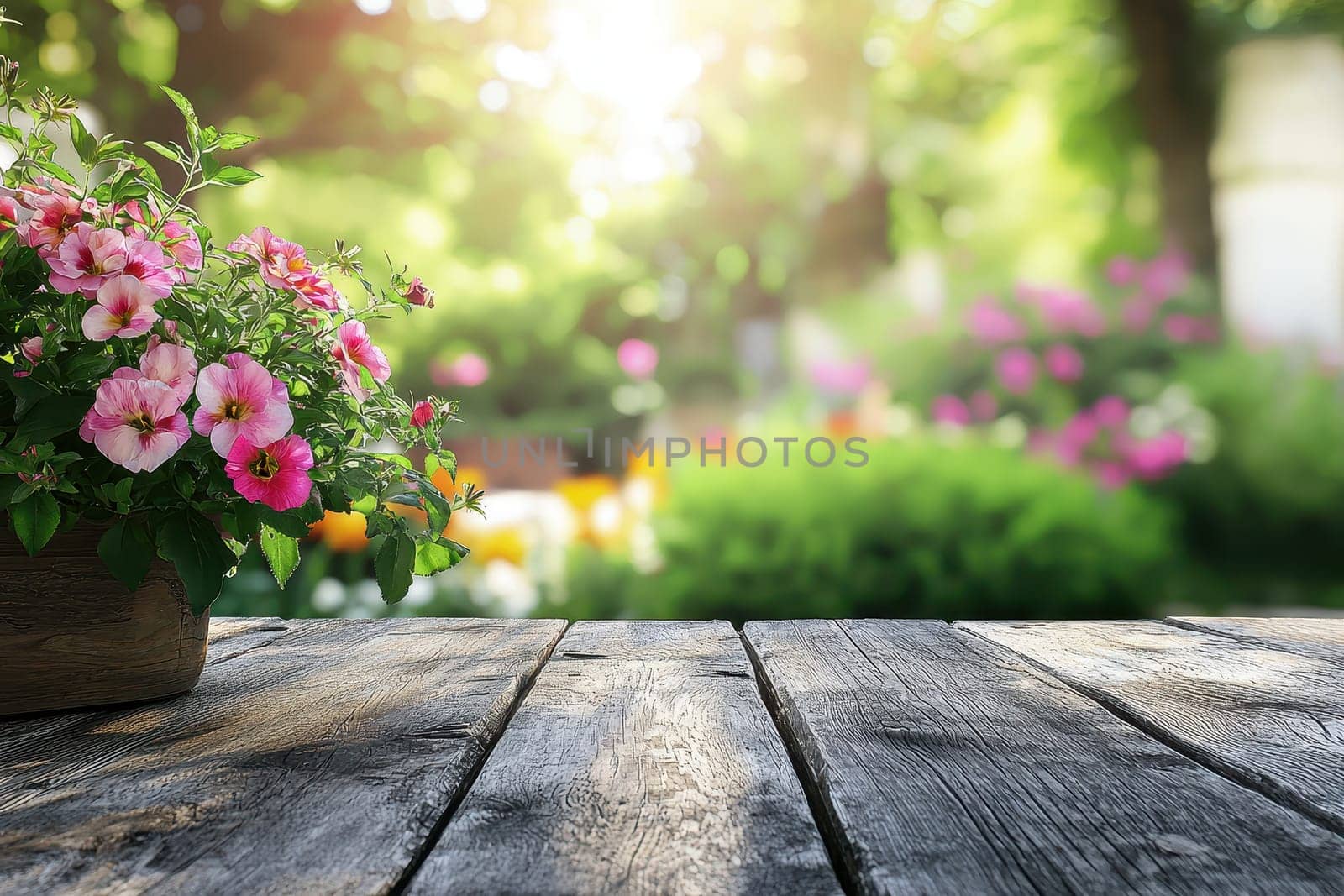 A charming scene featuring pink flowers in a wooden pot on a rustic table. The blurred floral background creates a serene and vibrant outdoor atmosphere.