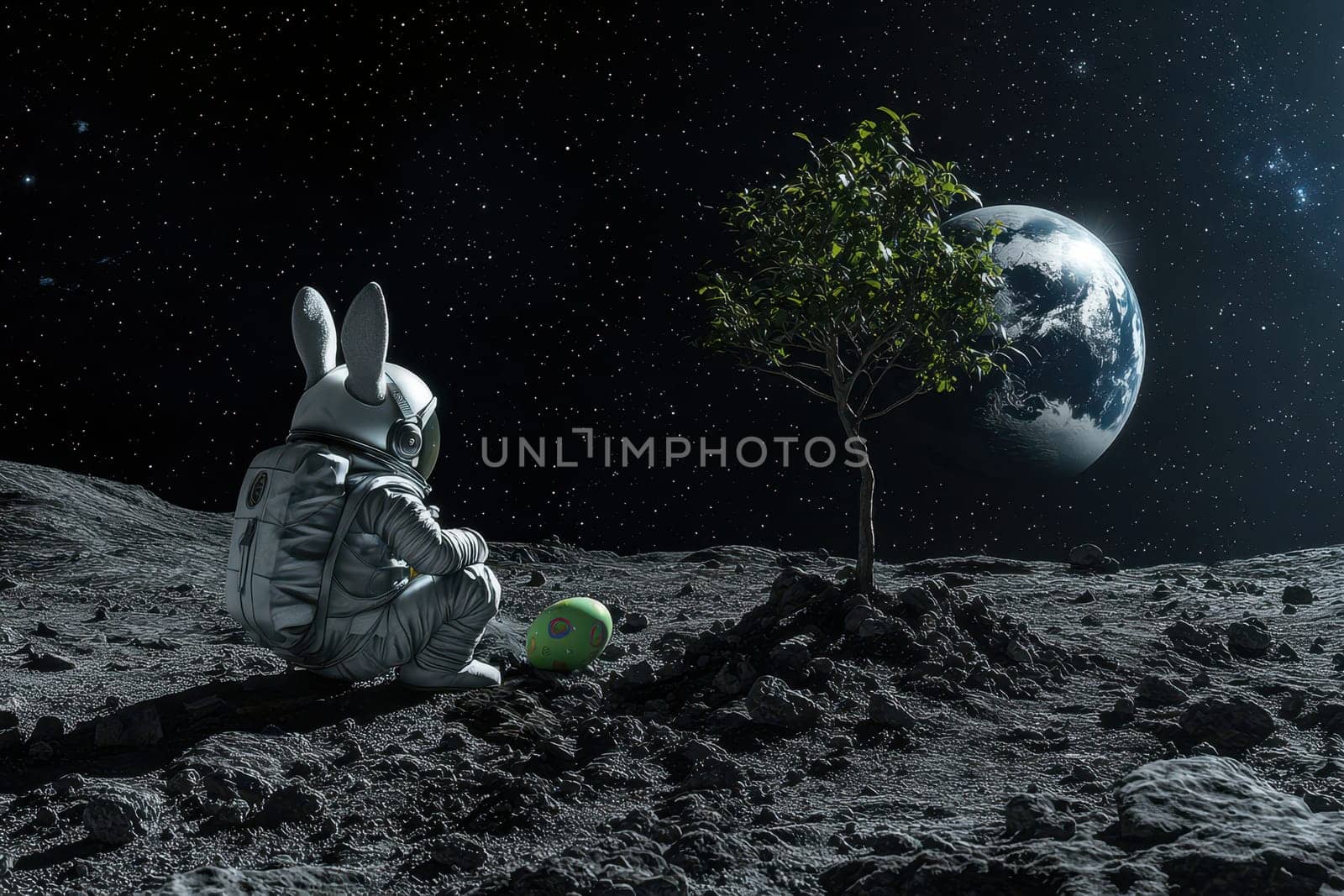 An imaginative scene featuring a bunny in an astronaut suit sitting beside a tree on the moon, with Earth visible in the distance, creating a whimsical, peaceful atmosphere.